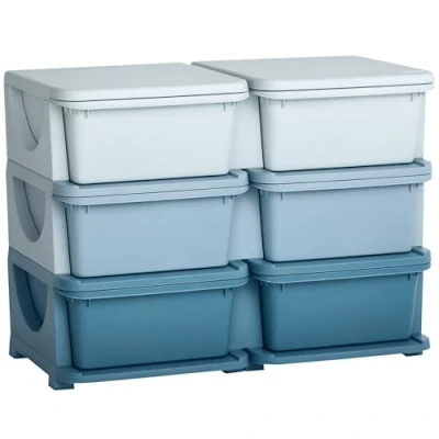 Afbeelding van HOMCOM Ladekast voor kinderen, opbergdozen met 6 niveaus, speelgoeddoos, speelgoedorganizer, meubels kinderen van 3 tot jaar, blauw, 75 x 37 56,5 cm