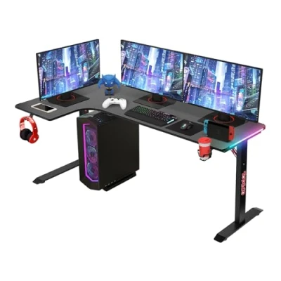 Afbeelding van Todeco L vormig hoekbureau, led speeltafel, groot gamingbureau, met koolstofvezel bureau, bekerhouder en hoofdtelefoonhaken, 160 x 100 cm