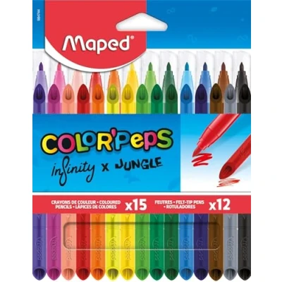 Afbeelding van Maped Combo Pack Color&#039;Peps 15 Crayons de couleur Infinity + 12 Feutres Lavables et Résistants au séchage Pointe moyenne bloquée Couleurs Vives Pochette carton