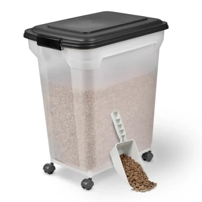 Afbeelding van Iris Ohyama, Droogvoercontainer, luchtdicht, met wieltjes, 45 liter/15 kilogram, zwart, klapdeksel waterdichte afdichting, kunststof, voor honden, katten, lekkernijen, container droogvoer,