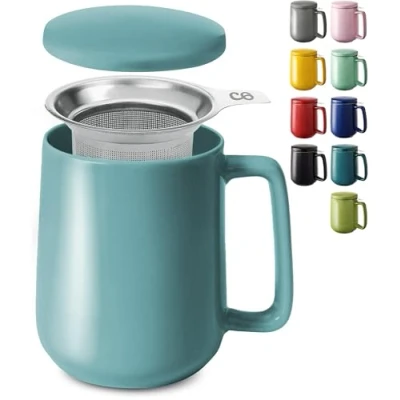 Afbeelding van Cosumy Theemok met theezeef en deksel, van keramiek, houdt lang warm, XXL, 500 ml, vaatwasmachinebestendig, aquablauw