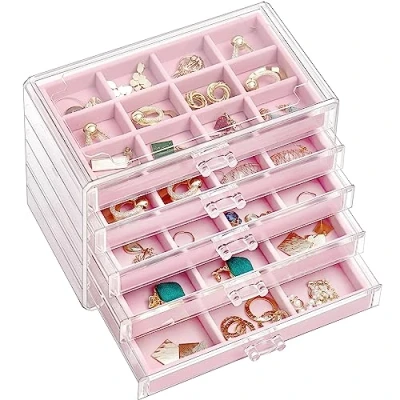 Afbeelding van ProCase Opbergdoos van acryl voor oorbellen met 5 laden, stapelbare sieradenstandaard, transparante sieradendoos verstelbare dienbladen dames op commode, roze, lagen