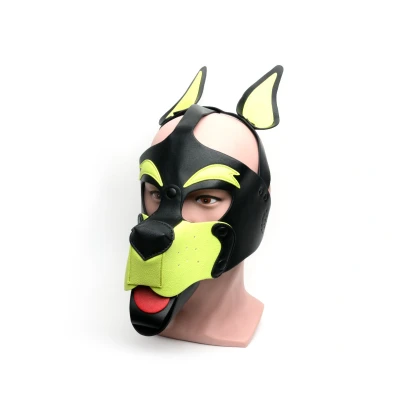 Afbeelding van 665 Leather Hood Puppy Play Masker PU Leer Nikkelvrij Zwart Geel One Size