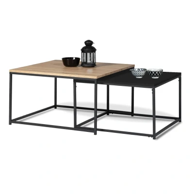 Afbeelding van Lot de 2 tables basses gigognes DENTON 60/70 métal noir et bois design industriel