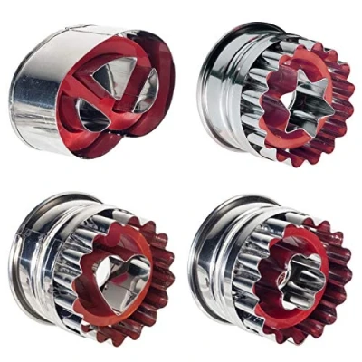 Afbeelding van Koekjes stempelset / uitsteekvormen set, 6 stuks met 4 kerstmotieven, Ø ca. 5 cm, roestvrij staal/hout/siliconen, zilver/lichtbruin/rood