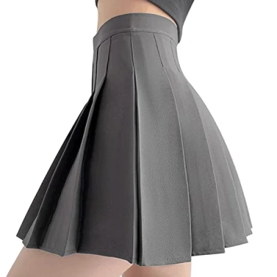 Afbeelding van DRESHOW Retro basic rok, elastisch, uitlopend, minirok, plooirok, casual, voor dames en meisjes, Geplooide mini rok 04 donkergrijs