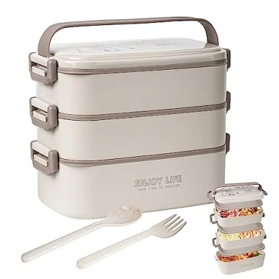 Afbeelding van Yirochan 2700 ml 3 laags bento box met vork en lepel, 4 in 1 lunchbox voor volwassenen, voedselopbergdoos mannen, vrouwen, studenten, school, kantoor