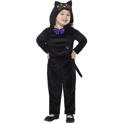 Afbeelding van Smiffys kattenkostuum voor peuters, zwart met capuchon en 3D bedrukte ogen, Halloween kostuum kinderen,