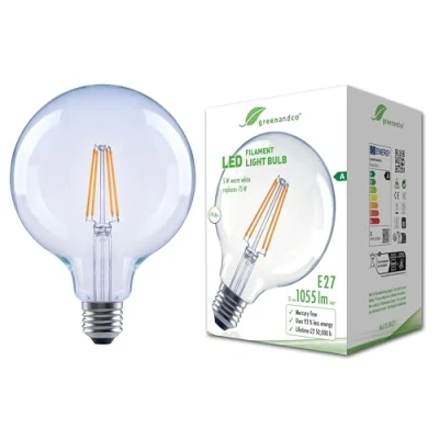 Afbeelding van greenandco Heldere led filamentlamp, E27 G125, 5 W, 1055 lm, vervangt 75 2700 K, warmwit, 320 graden, 230 V, flikkervrij, energieklasse A, niet dimbaar