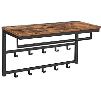 Afbeelding van HOOBRO Wandgarderobe, wandkast met legbord, wandrek 10 haken en stangen, hoedenplank, hangrek, 80 x 30 42 cm, voor hal, woonkamer, slaapkamer, industriële stijl, vintage bruin zwart EBF12YM01