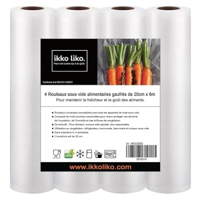 Afbeelding van Vacuümrollen voor levensmiddelen, wafelpatroon, 20 cm x 6 m (x4), professionele kwaliteit van vacuümfolie, bewaarzak, invriezen, vacuümzakken, zak, BPA