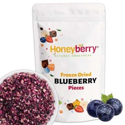 Image de Myrtilles Lyophilisées en Morceaux 100g Fruits Lyophilisés Déshydratées Séchés Bleuets pour Pâtisserie, Décoration de Gâteaux, Céréales et Desserts