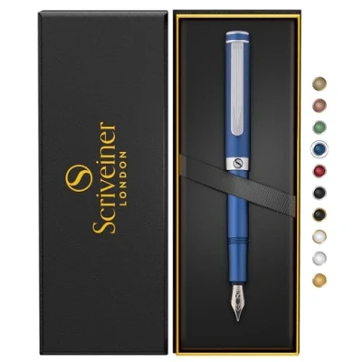 Afbeelding van Scriveiner Luxe EDC vulpen (dun), leuke zakpen met matte blauwe afwerking, Duitse Schmidt veer, converter, cadeauset schrijfpen voor mannen en vrouwen, kantoorvulpen