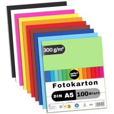 Afbeelding van perfect ideaz 100 vellen A5 fotokarton, knutselkarton, gekleurd in 10 verschillende kleuren, gewicht 300 g/m², van hoge kwaliteit