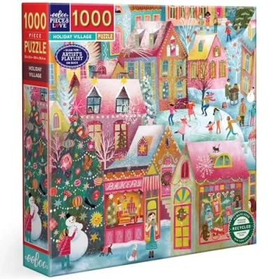 Afbeelding van eeBoo Holiday Village 1000 stukjes puzzel voor volwassenen van gerecycled karton duik in kerstmagie, PZTHYV