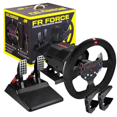 Image de FRTEC volant de course avec pédales FR FORCE, retour force 3,2 Nm, technologie ForceSense, double moteur, amovible, engrenages et axe en acier, finition Alcantara