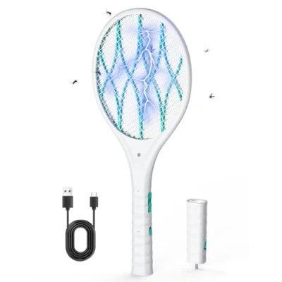 Image de AROEVE Raquette de moustique électrique, 4000 V, anti moustiques recharge USB, lumière LED, lampe poche, protection 3 couches, double interrupteur, maison, jardin, blanc