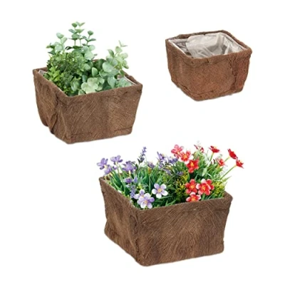 Afbeelding van Relaxdays bloempot vierkant set van 3 plantenpot naturel kleine bloembak kokosvezels