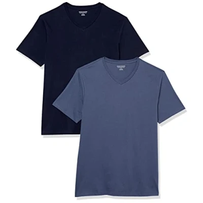 Image de Amazon Essentials Lot de 2 t shirts à manches courtes et col en V pour homme, coupe ajustée, bleu marine/bleu acier, taille S