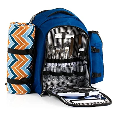 Afbeelding van Picknickrugzak 32 delig Picknickset voor 4 personen met flessenhouder, picknickdeken, koelvak en campingservies (blauw)