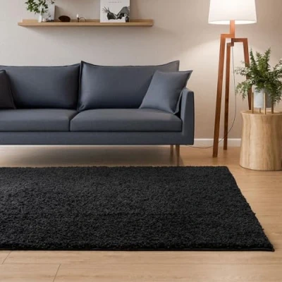 Afbeelding van Interiyou Sofia hoogpolig tapijt 200 x 290 cm zwart pluizig effen wasbaar antislip zacht