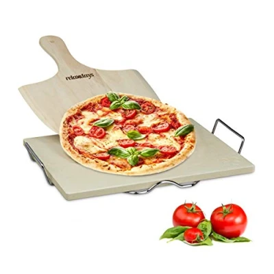 Afbeelding van Relaxdays pizzasteen met pizzaschep 1,5 cm broodschep hout pizzaspatel pizzaplank