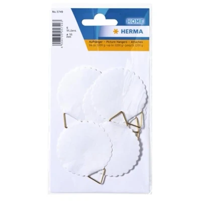 Afbeelding van HERMA 5749 set van 6 haken om te lijmen, groot (diameter: 45 mm, papier met linnenstructuur), zelfklevend, oplosbaar in water, rubber op hangen tot 1200 g, wit