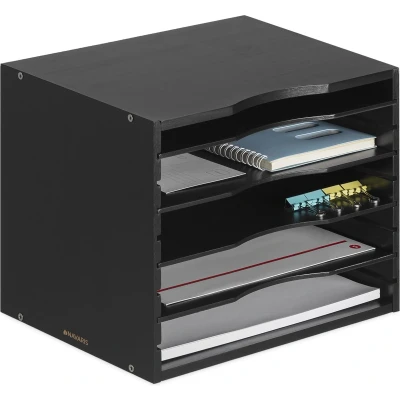 Afbeelding van Navaris bamboe brievenbak aanpasbare lades Postbakje met 5 vakken Documentenhouder 33 x 24,5 26 cm Organizer voor post en documenten Zwart
