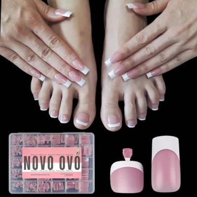 Afbeelding van NOVO OVO Nagelverlengingsset voor hand en teennagels, bessenroze, vierkant, rond, vooraangebrachte primer basislaag, volledige dekking, mat, 15 maten