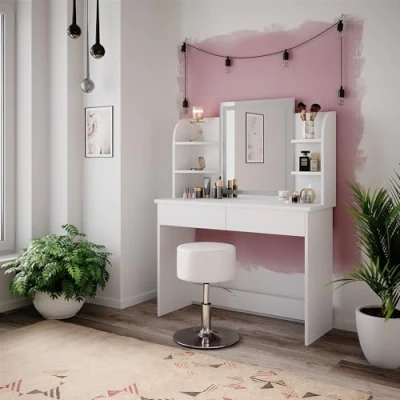 Afbeelding van Vicco Make uptafel set met kruk Charlotte, Wit, 108 cm LED spiegel en krukje