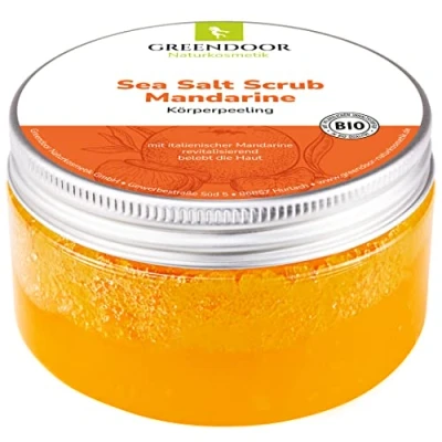 Afbeelding van Greendoor body peeling zeezout scrub mandarijn, schil zonder plastic en conserveringsmiddelen, met biologische jojoba olie abrikozenpitolie,