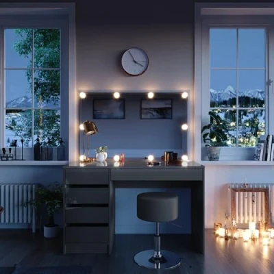 Afbeelding van Vicco Make uptafel set met kruk Sherry, Grijs, 120 cm LED verlichting en