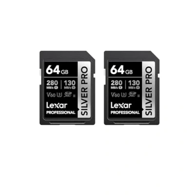 Afbeelding van Lexar Silver Pro LSDSIPR064G B2NAA UHS II SD geheugenkaart 2 x 64 GB, V60, U3, C10, tot 280 MB/s lezen, 130 schrijven, SDXC kaart voor camera/fotograaf