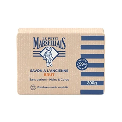 Image de Le Petit Marseillais Savon à l&#039;Ancienne Brut Sans Parfum (pain de 300 g) solide mains &amp; corps avec 99% d&#039;ingrédients d&#039;origine naturelle Emballage en papier recyclable