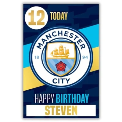 Afbeelding van Manchester City Football Club verjaardagskaart met stickers voor het personaliseren van je leeftijd en voornaam, blauw