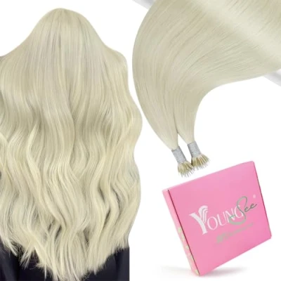Afbeelding van YoungSee Haarverlenging, nano blond, 50 cm, echt haar, platinablond, koud extensions, koud, tip, strengen/50 g