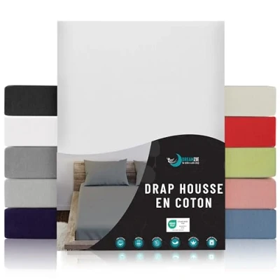 Image de Dreamzie Drap Housse 200x200 Blanc 100% Jersey Coton Certifié Oeko Tex avec Bonnet 27 cm