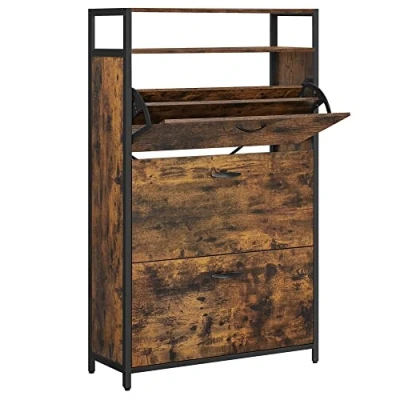 Afbeelding van VASAGLE Schoenenkast, opbergkast met 3 luiken, open plank, binnenverdeler, hal voor 15 24 paar schoenen, ruimtebesparend, 80 x 30 130 cm, bruin