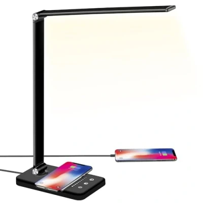 Afbeelding van BIENSER Bureaulamp met 10W Draadloos Opladen, USB Tafellamp 10 Helderheidsniveaus x 5 Kleurniveaus, Oogvriendelijke LED Dimbaar, Gevoelige Controle, 30/60 min Auto Timer