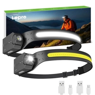 Afbeelding van Lepro Set van 2 oplaadbare led koplampen Super helder 350 lumen met 5 modi 230 groothoekspot bewegingsmelder 1200 mAh IP44 Voor wandelen, kamperen