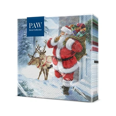 Afbeelding van PAW papieren servetten, 3 laags (33 x 33 cm), 20 stuks, servetten met kerstmotief, kerstboom en geschenken, ideale tafeldecoratie voor Kerstmis (De Kerstman komt eraan)