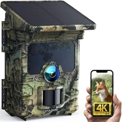 Afbeelding van WOLFANG Jachtcamera, zonnecamera, wifi, 4 K/68 MP, bewegingsmelder van 0,1 s, met app, 5200 mAh batterij, nachtzicht, IP66 waterdicht voor dierobservatie