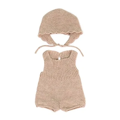 Afbeelding van Gebreid beige kruippakje voor poppen 38 cm (2 delig)