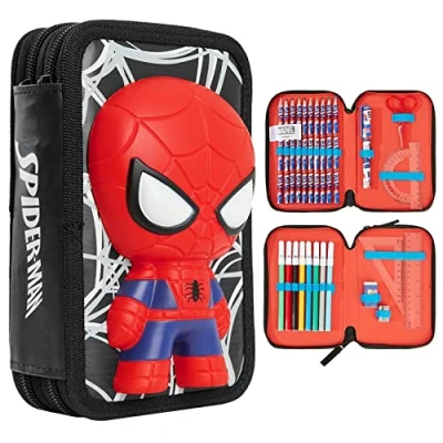 Afbeelding van Marvel Pennenetui voor jongens, etui met vakken, gevuld schoolbenodigdheden, vilt, kleurpotlood, cadeau de eerste schooldag, Spiderman 3D, Pennenhoezen