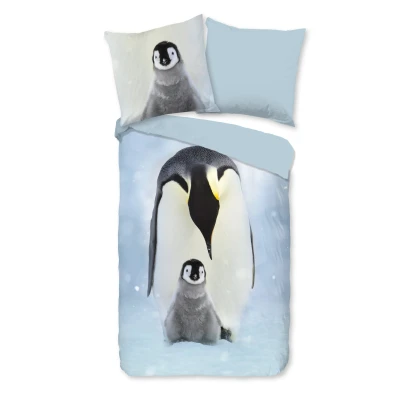 Afbeelding van Dekbedovertrek 155x220 cm Pinguïn Print Blauw/Wit 1 Persoons 100% Katoen Flanel Oeko Tex Gecertificeerd