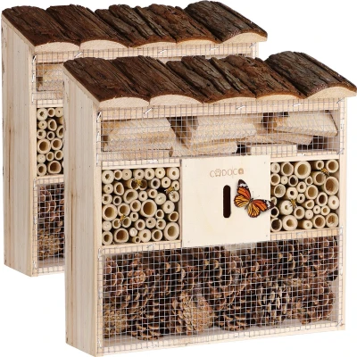 Afbeelding van CADOCA Insectenhotel Set van 2 Schorsdak Hout 31x30,5x9,5cm