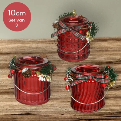 Afbeelding van Rode glazen waxinelichthouders met verschillende patronen Set van 3 Ø8 x 10 cm kerstdecoratie kerst luxe theelichthouder voor kaarsjes