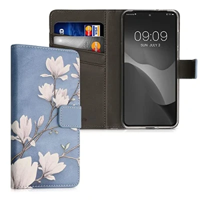 Afbeelding van kwmobile telefoonhoesje geschikt voor Motorola Edge 30 Neo Backcover smartphone Hoesje met pasjeshouder in taupe / wit blauwgrijs Magnolia design