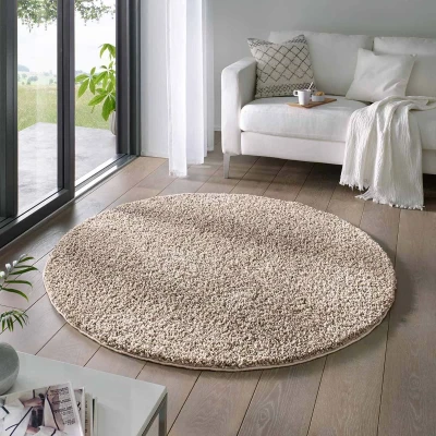 Afbeelding van Rond Vloerkleed Hoogpolig Effen Classic Beige 120 Cm