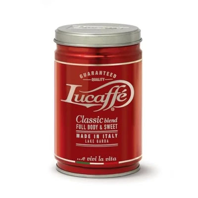 Afbeelding van LUCAFFÈ Klassieke koffiebonen koffiepot 250 g staal bespaart het aroma van koffiebonen, 80% Arabica koffie, 20% robuust, zoete smaak, geroosterd aroma, hazelnootnoten, zacht lichaam